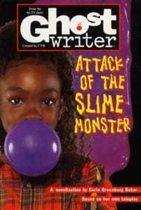The book cover of Ghostwriter: Attack of the Slime Monster, with a young Black girl blowing bubble gum.
